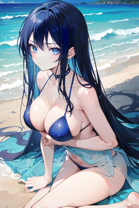 anime girl, long dark blue hair, beautiful blue eyes, mature and tall, mature face, slightly fierce face, in a dark blue bikini swimsuit, laying down at the beach, beautiful background, good anatomy, 8k, high resolution