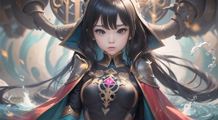 (Black-haired goddess of water control)(Best quality, A high resolution, Brightly colored cape, (Real girls), (Real Human))Forged hammer pattern，Small back，sedate，massiness，Shiny and warm