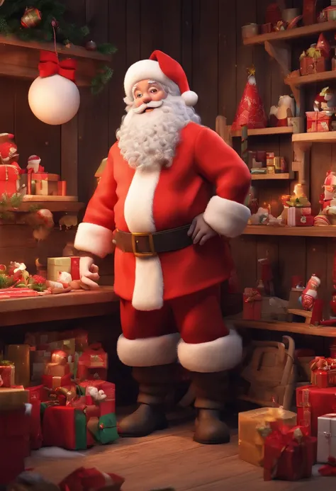 best quality, works, (realistic: 1,2), 1 young santa claus, inside a christmas toy workshop