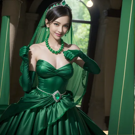 emerald tiara, Green Pearl Necklace, Boyish very short green hair, lipsticks, Japan woman smiling, very short short hair, fist, big breasts beautiful, Green eyes, Long green gloves made of satin material, Green eyes, Emerald Earrings, lesbian ,the kiss