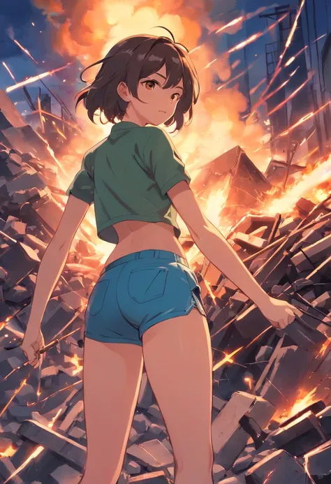 A lightly dressed beautiful girl soldier wearing compression shorts is electrocuted and annihilated. Piles of corpses with closed eyes overlapping and folding. Anime style.