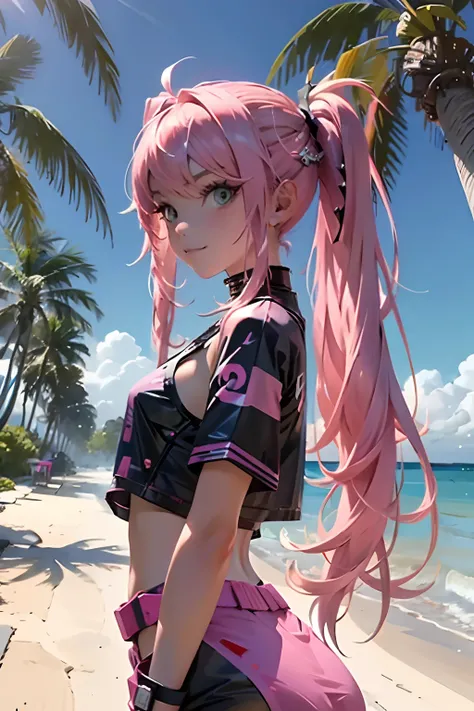 Beautiful woman pink twin tail long hair、cyberpunk style short clothes、gazing at viewer、front facing、A slight smil、sea side、Palm trees