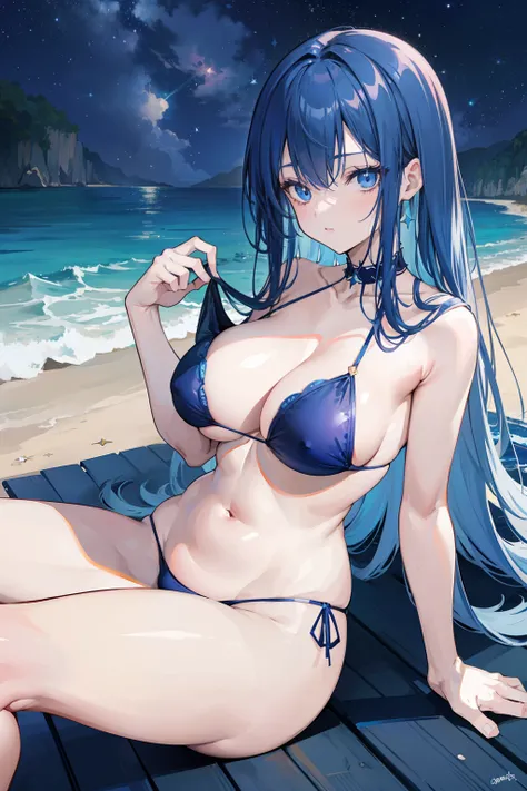 anime girl, long blue hair, beautiful blue eyes, mature and tall, mature face, slightly fierce face, in a dark blue bikini swimsuit, laying down on her back at the beach at night, starry sky dark, plump legs, beautiful background, good anatomy, 8k, high re...