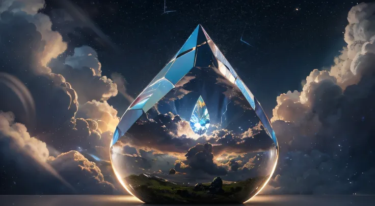 Miniature teardrop-shaped crystal cosmic elliptical ship，，Skysky，dark stormy clouds，Sky full of lightning， It will be a thunderstorm，top angle：Observation from the top of the object，The top and bottom of the object can be seen。