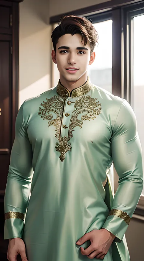 (((Men only))), ((head shot)), (Pietro Boselli), ((wearing Indian traditional clothing)), (Kurta Pajama, Sherwani Kurta, Dhoti, Bandhgala Suit), ((Handsome muscular man in his 20s)), (Big smile), (detaile: 1 in 1), Natural muscles, HIG quality, beautidful ...