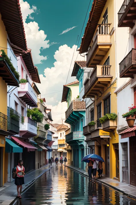 crear una calle que represente una calle enpedrada in 1888, lloviendo en Cartagena colombia con personas que realizan sus actividades diarias.