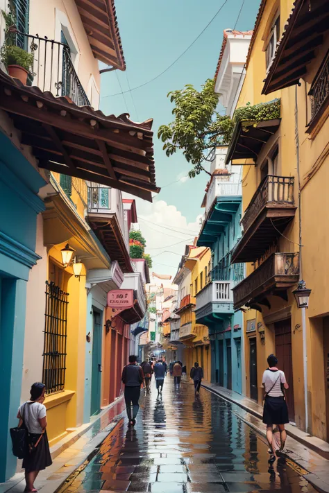 crear una calle que represente una calle enpedrada in 1888, lloviendo en Cartagena colombia con personas que realizan sus actividades diarias.