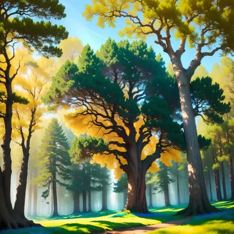 Masterpiece, exquisite, beautiful scenery deep in the Californian forest, (colourful oak tree, vivid, sunny, cool light: 1.2) massive oak tree towering a nice meadow, high quality