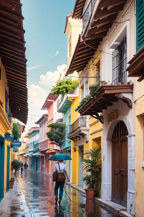 crear una calle que represente una calle enpedrada in 1888, lloviendo en Cartagena colombia con personas que realizan sus actividades diarias.