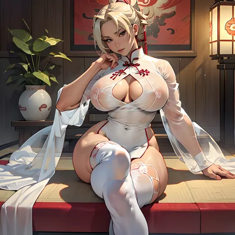 (((Tsunade))),(((one leg lift))),((pubic hair)),(sitting),,((mature female)),Thick body,(((Solo))),(((completely naked))),(((white see-through cheongsam))),,((dark puffy nipple)), ((huge breasts)),((naked cameltoe)),in ryokan,A MILF,trending on artstationh...