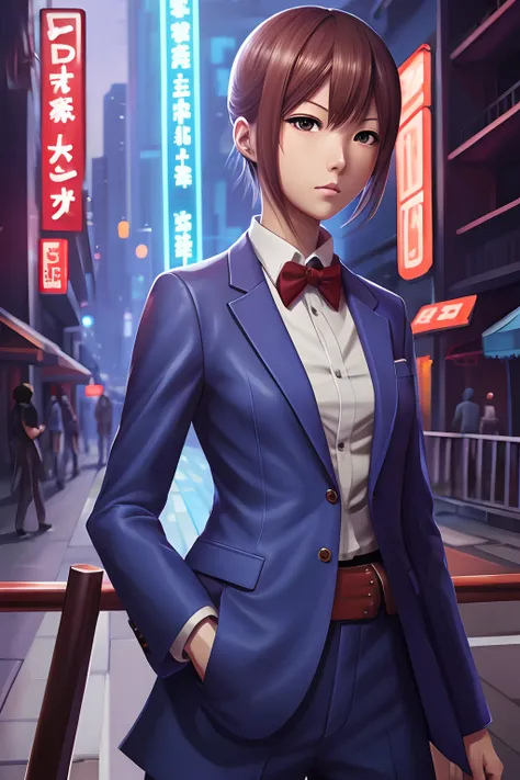 art by katsuya terada, art by range murata, art by akiman, art by JUNNY, Full body shot portrait of cute slender Young Japanese hit girl, Battle Scars, Realistic skin texture, Few moderate moles, wearing a suit, hold a gun, Red Circle nightclub in San Dieg...