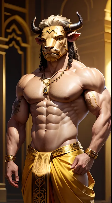 A fantasy image of a robust man with the face of a Bull, ((Bulls head:1.3)), Minotaur, wearing gold ornaments, shirtless, wearing a yellow ornate dhoti, standing in a palace, upper body, front view