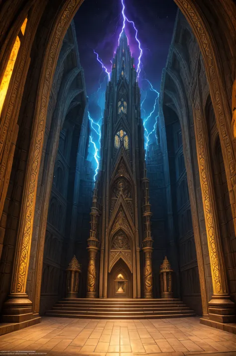 fantasy art, RPG art, photograph, RAW, (Ultra detailed: 1.5), Best Detailed,  picture of temple of magic worship, an epic fantasy  building  intensive art work, live like statues, stained glass art, Renaissance art work with, elements of fire, lightning an...