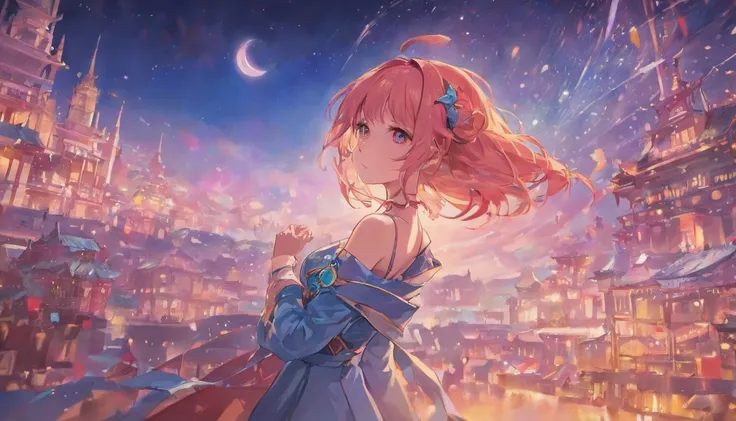 best qualtiy，tmasterpiece), Beautiful teenage girl, Beautiful goddess, ((period costume, komono, Sling over one shoulder)), Beautiful hair accessories, the night, starrysky, cold light, (In pink, cyan colors, white colors), ((From below)), ((full bodyesbia...