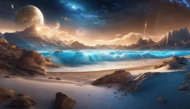 huge planet, the night, starrysky, surrealism, masutepiece, hight resolution、Impressive Milky Way:1.9、sand beach、Vast blue ocean、Blue glacier、lightning bolt:1.9、Protoplanets