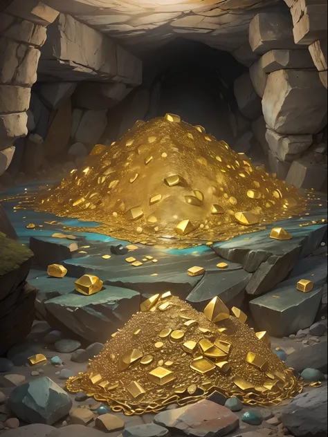 (piles of gold and precious stones in the center), lying on the stone floor in the cave, the light is on the top right