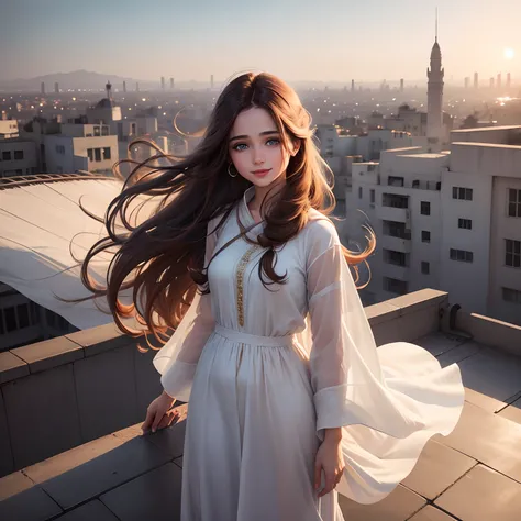 Cute girl blue eyes, long brown hairs, smooth face, white shalwar and kameez, red lipstick, beautiful hair style, smile on face, standing on a roof and a big city behind her, and a plane fly in sky behind her in morning