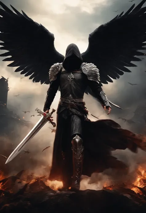 Realistic, 4K, Angels with big wings, Black clothes, one sword, Hood on head in war background image (chaos)