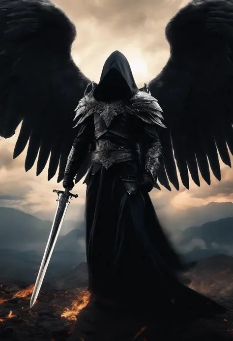 Realistic, 4K, Angels with big wings, Black clothes, one sword, Hood on head in war background image (chaos)