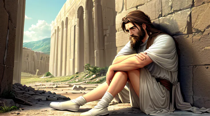 (((Young Man of both legs)))), sad, frustrated, sitting staring at the ground, in a ruin of biblical times, (((dressed in clothes of biblical times)))), medium beard, dressed in white