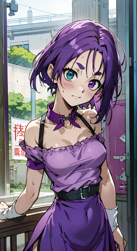 Masterpiece, Best quality, Ultra-detailed, Off-the-shoulder attire, Colorful,take up close, Hyper-detailing，purple color hair, reo mikage, bluelock, no sleeves, camisole, blue camisole, cheongsam, chinese clothes, chest exposure, underwear, the kinky is ex...