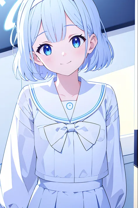 arona, 1girl, white hairband, bow hairband, halo, short hair, single braid, school uniform, blue shirt, white sailor collar, long sleeves, white bowtie, white choker, smile, looking at viewer, closed mouth