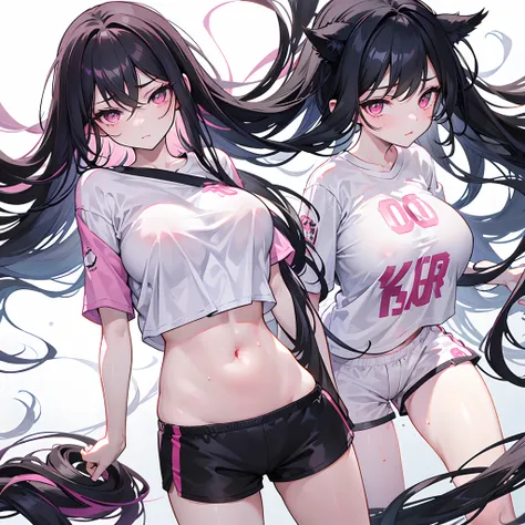 Long black hair scattered，Hair is slightly curled，Pink eyes，Loving pupils，girl，huge tit，White sports shorts，white short sleeve，Clothes drenched in sweat，Stand a word horse，