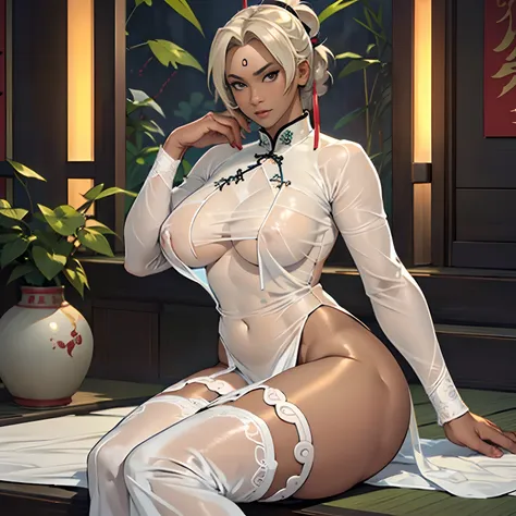 (((Tsunade))),(((dark skin))),((pubic hair)),(sitting),,((mature female)),Thick body,(((Solo))),(((completely naked))),(((white see-through cheongsam))),,((dark puffy nipple)), ((huge breasts)),((naked cameltoe)),in ryokan,A MILF,trending on artstationh,in...