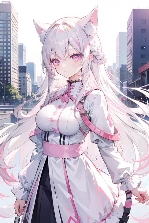 anime girl, long white hair, pastel pink eyes, with a beautiful background of a city, good anatomy, 8k, high resolution