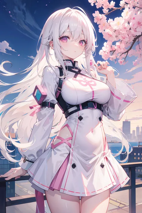 anime girl, long white hair, pastel pink eyes, with a beautiful background of a city, good anatomy, 8k, high resolution