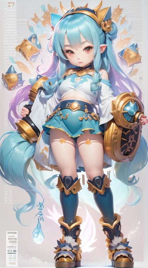 (Girl with light blue hair)(Best quality, A high resolution, Vivid colors, (Cartoon Goddess), (comic strip))Forged hammer pattern，Big belly，oguchi，sedate，massiness，Shiny and warm