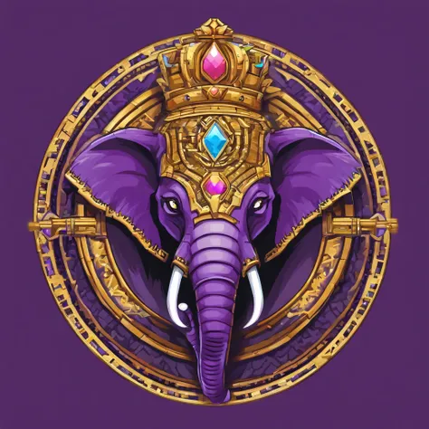 Game medallion with closeup of metal elephant head with crown,, Hearthstone Art Style, Hearthstone Style Art, hearthstone concept art, Game Riot Concept Art, a tiger, iconic character splash art，Game emblem，Perimeter Metal Penalty，Purple Gold，C4D Rendering...