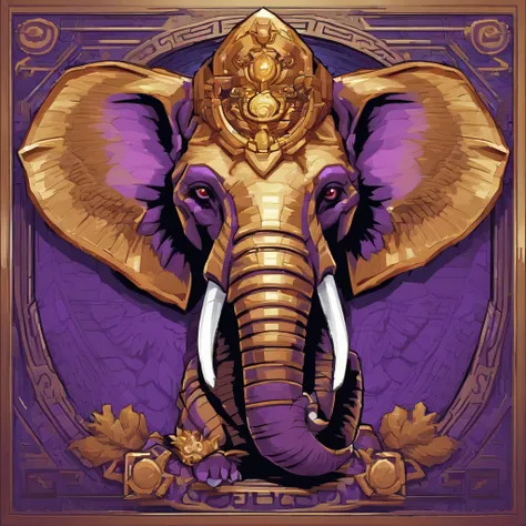 Game medallion with closeup of metal elephant head with crown,, Hearthstone Art Style, Hearthstone Style Art, hearthstone concept art, Game Riot Concept Art, a tiger, iconic character splash art，Game emblem，Perimeter Metal Penalty，Purple Gold，C4D Rendering...