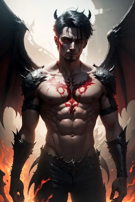 A male demon with angel wings，frontage，The whole atmosphere is dark and terrifying，Behind it is the light shining，Body blood red，Hideous-faced，The wings are holy