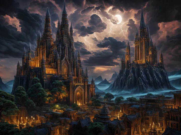 fantasy art, RPG art, photograph, RAW, (Ultra detailed: 1.5), Best Detailed, picture of temple of magic worship, an epic fantasy building intensive art work, live like statues, stained glass art, Renaissance art work with, decorations of (fire: 1.2), BREAK...