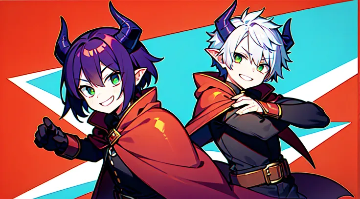 top-quality、​masterpiece、boy with short purple hair、green eyes、demonic horns、a smile、red cloak、combat pose、thumbnail image、blue ...