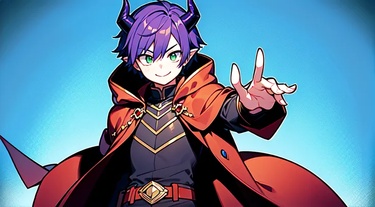 top-quality、​masterpiece、boy with short purple hair、green eyes、demonic horns、a smile、red cloak、combat pose、thumbnail image、blue ...