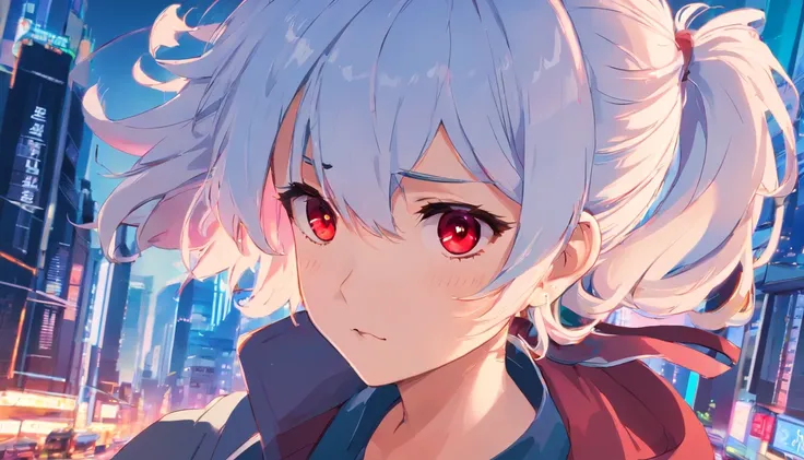 1boy, white color hair，Double ponytail curls，red color eyes，White Lolita，Beth，cyberpunk baclground