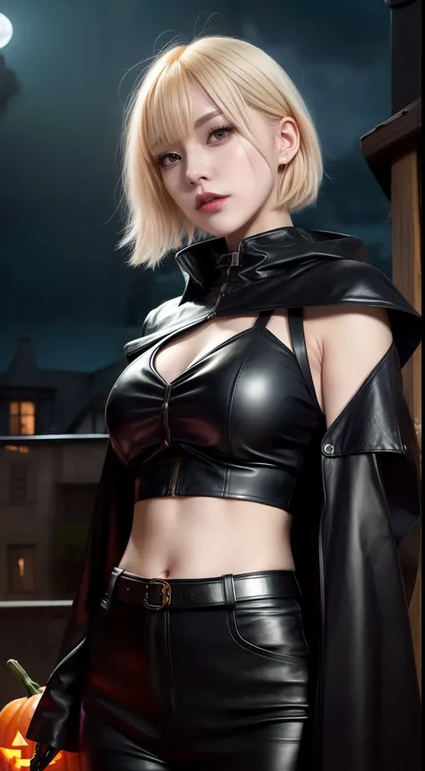 a close up of a woman, witch, blonde short hair, crop top, crop jacket, y2k, witch outfit, ugliness in beauty, pants leather, cloak witch, skirt leather, leather shirt, legging, guweiz, by Yang J, extremely detailed artgerm, wlop | artgerm, halloween art s...