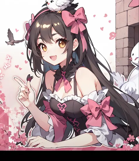 Cute Anime Girls，Wear a pink bow on her head，Holding a pigeon in his hand，The expression is natural and smiling，Exquisite high-quality HD。