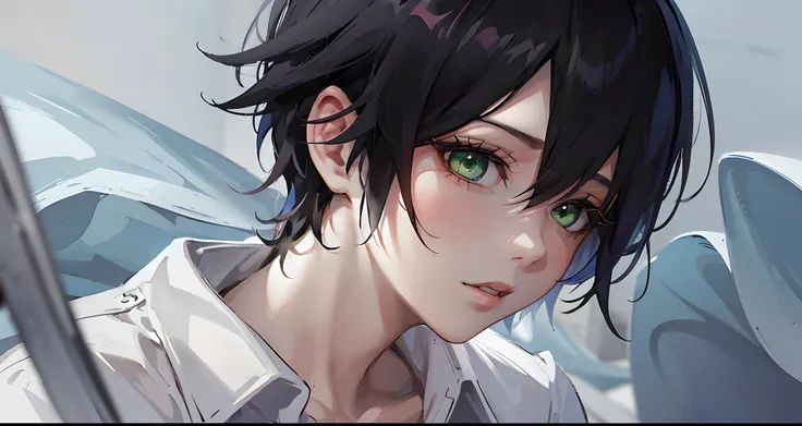 anime, male gender, short black hair with white strands on the fringe highlighting, reptilian green eyes, wearing a black blouse and a white shirt underneath , cyberpunk background