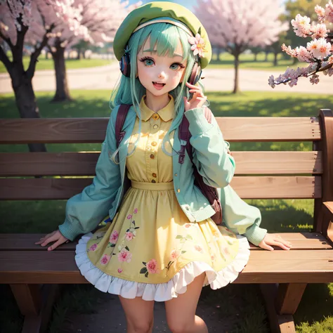 (masterpiece),(best quality),(ultra-detailed), (full body:1.2), 1girl,chibi,cute, smile, open mouth, flower, outdoors,beret, holding lemons printed backpack, jacket, blush, tree, :3, shirt, mint green hair, cherry blossoms, blurry, blush stickers, long sle...