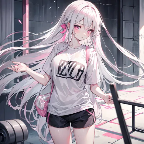 Long pale gray hair scattered，Hair is slightly curled，Pink eyes，Loving pupils，girl，huge tit，White sports shorts，white short sleeve，Clothes drenched in sweat，Stand a word horse，