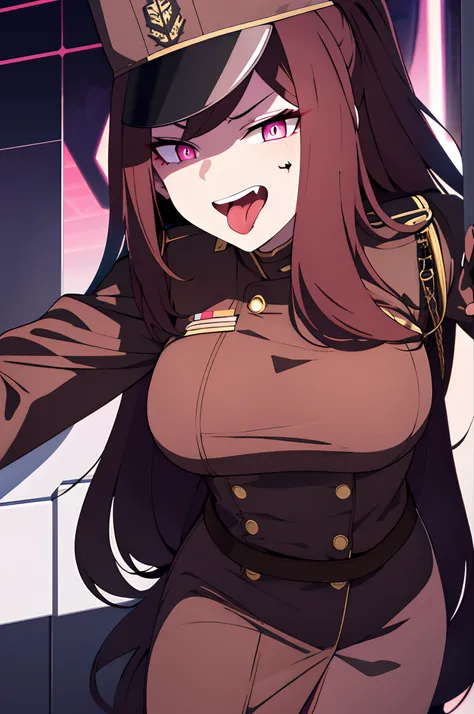 (Best quality, 8k, 1 girl, solo), brown hair, long wavy hair, ((dim_lighting,full_picture)), (horror) , (dark pink eyes, brown military suit, military hat, futuristic tattoos on face, torn sleeves), large breasts, 3 fingers per hand, wearing claws, hangar ...