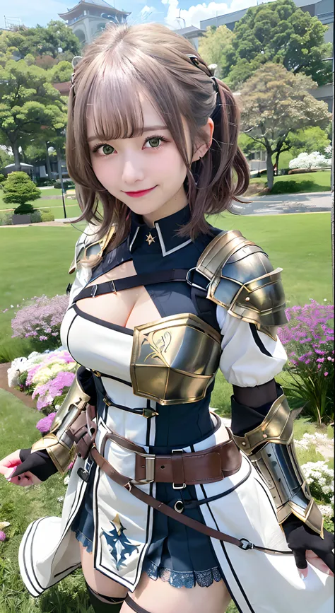 Arnoel, Medium Hair, Green eyes, shairband, Blue collar, Shoulder Armor, cleavage, mole in breast, Armored dress, Chest belt, gold trim, Fingerless gloves, Black Gloves, brown belt, pelvis curtain, black thighhighs,Watch the smiles on your viewers faces、gr...