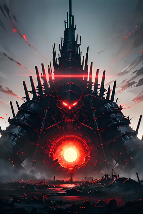 (evil robot,(((((Non-human structure)))))),(Best quality,Ultra-detailed,Realistic:1.37),(dark and moody lighting),(Metallic,industry:1.1),(Sharp and angular elements),(Sinister gaze),(Red glowing eyes:1.1),(Mechanical arms),(Ominous atmosphere),(Broken wir...