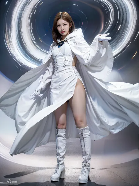 typhoon lady ning ning wears a uniform with the typhoon symbol and a white cloak, he wears a pair of long white gloves on both h...