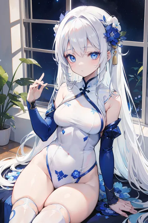 anime girl, long white hair, beautiful deep blue eyes, beautiful face, skintight white qipao with blue flower patterns, by the window at night with stars outside, 8k, good anatomy, high resolution