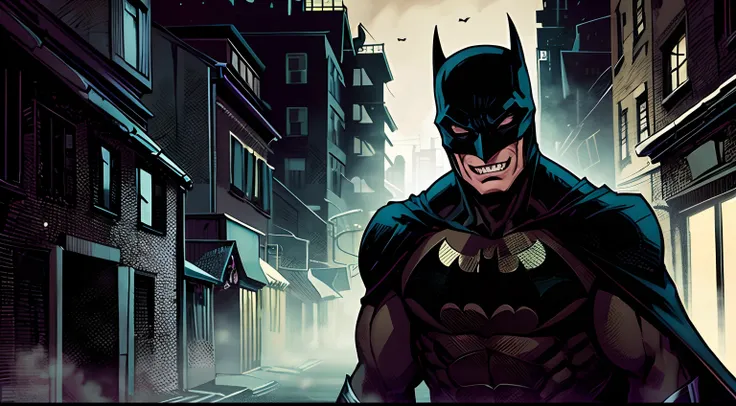 batman, closup face, dark shadowy figure, creepy laugh, scary, gotham city alley background, night time