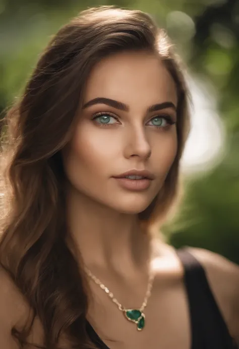 Arafed woman with a white tank top and necklace, fille sexy aux yeux verts, Portrait Sophie Mudd, cheveux bruns et grands yeux, selfie of a young woman, Yeux de chambre, Violet Myers, sans maquillage, maquillage naturel, looking straight at camera, Visage ...